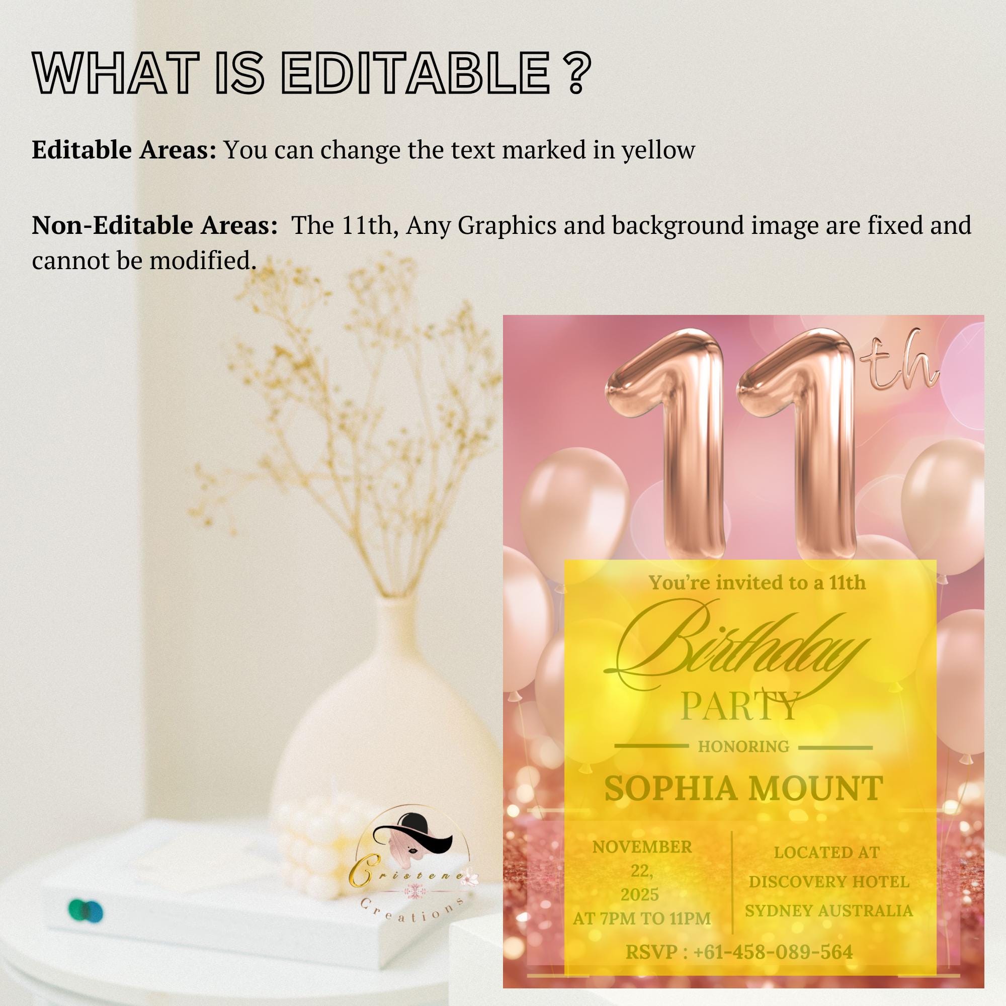 Digital 11th Birthday Invitation girl, Rose Gold 11th Birthday Dinner Party Invite, Pink Glitter Printable Card for Eleven year old daughter