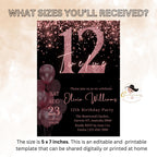 Pink & Black 12th Birthday Invitation, Pre-Teen Dinner Party (Digital Download)