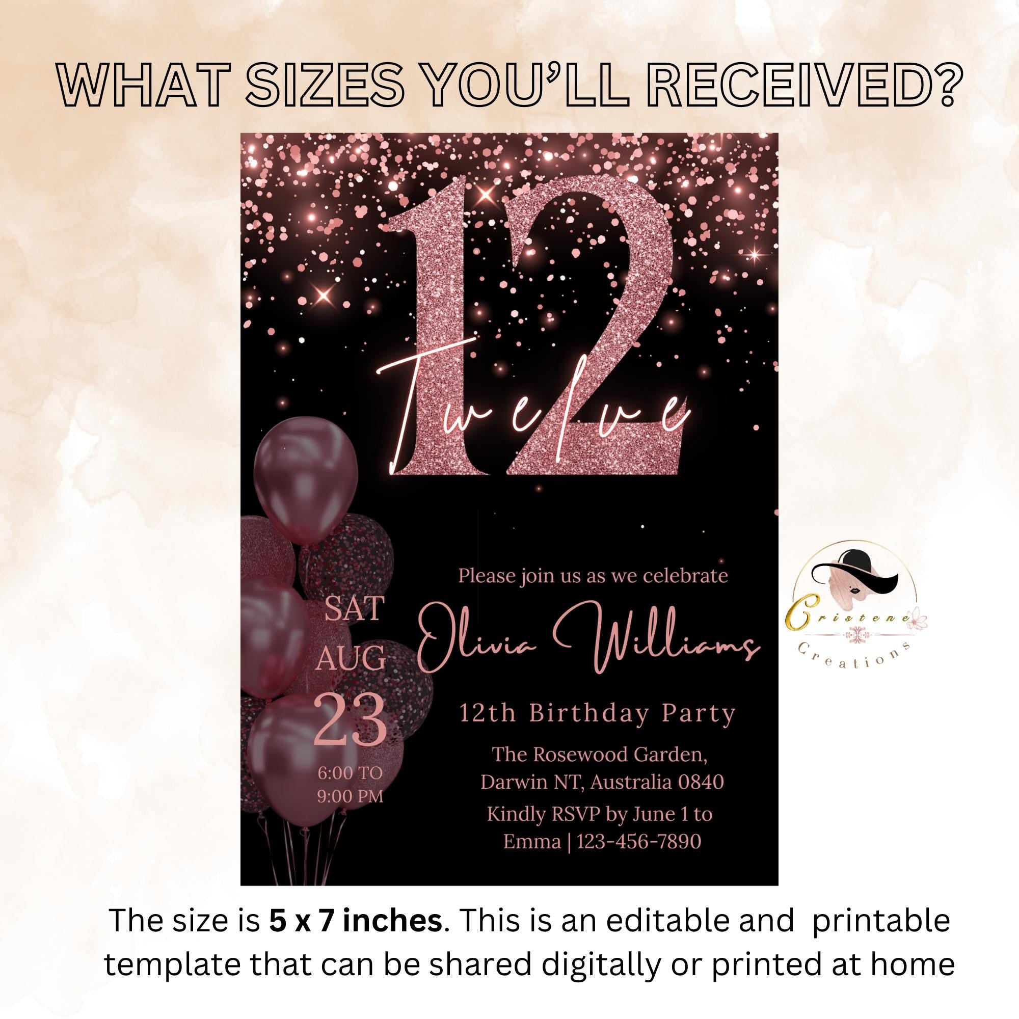 Pink & Black 12th Birthday Invitation, Pre-Teen Dinner Party (Digital Download)
