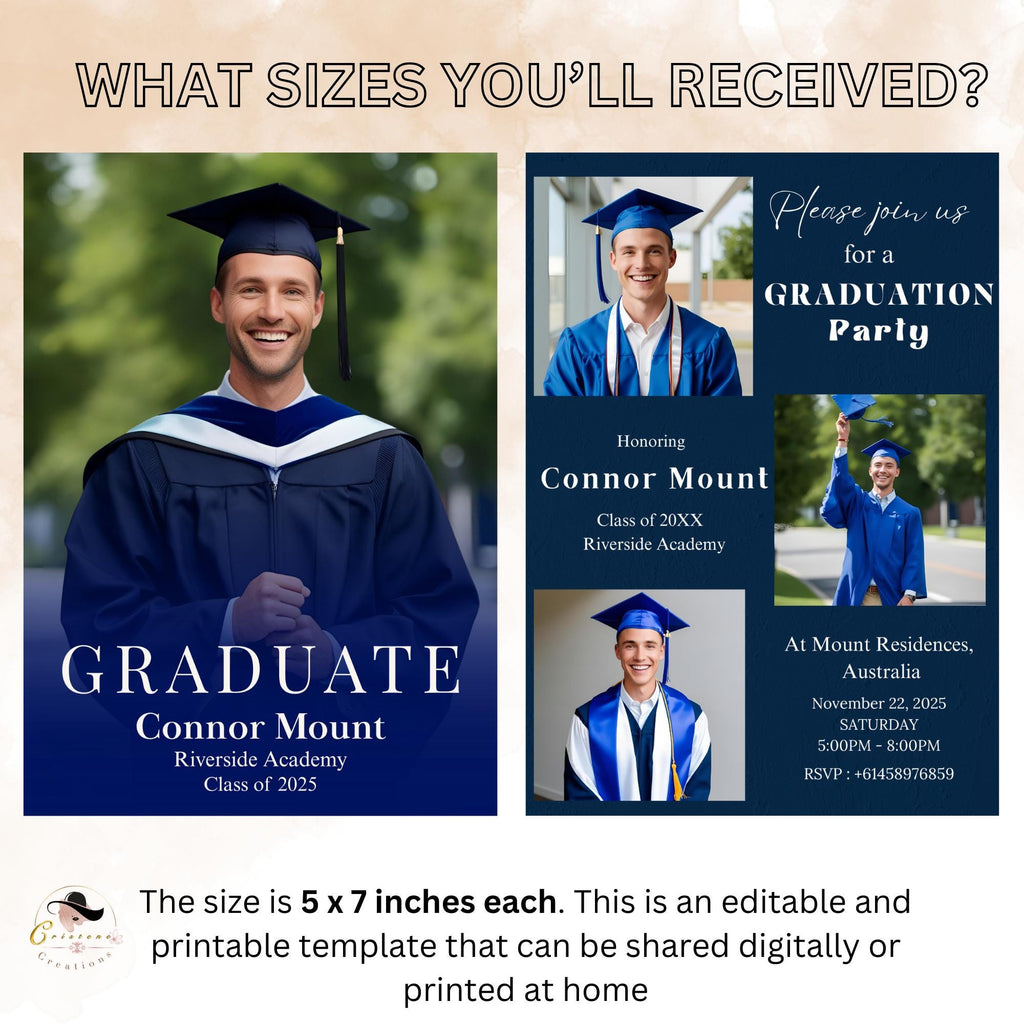 Men Graduation Announcement 2026 Invitation for boys, Navy Blue Grad Party Invite, College Graduation Day for male, Senior Graduation Cards