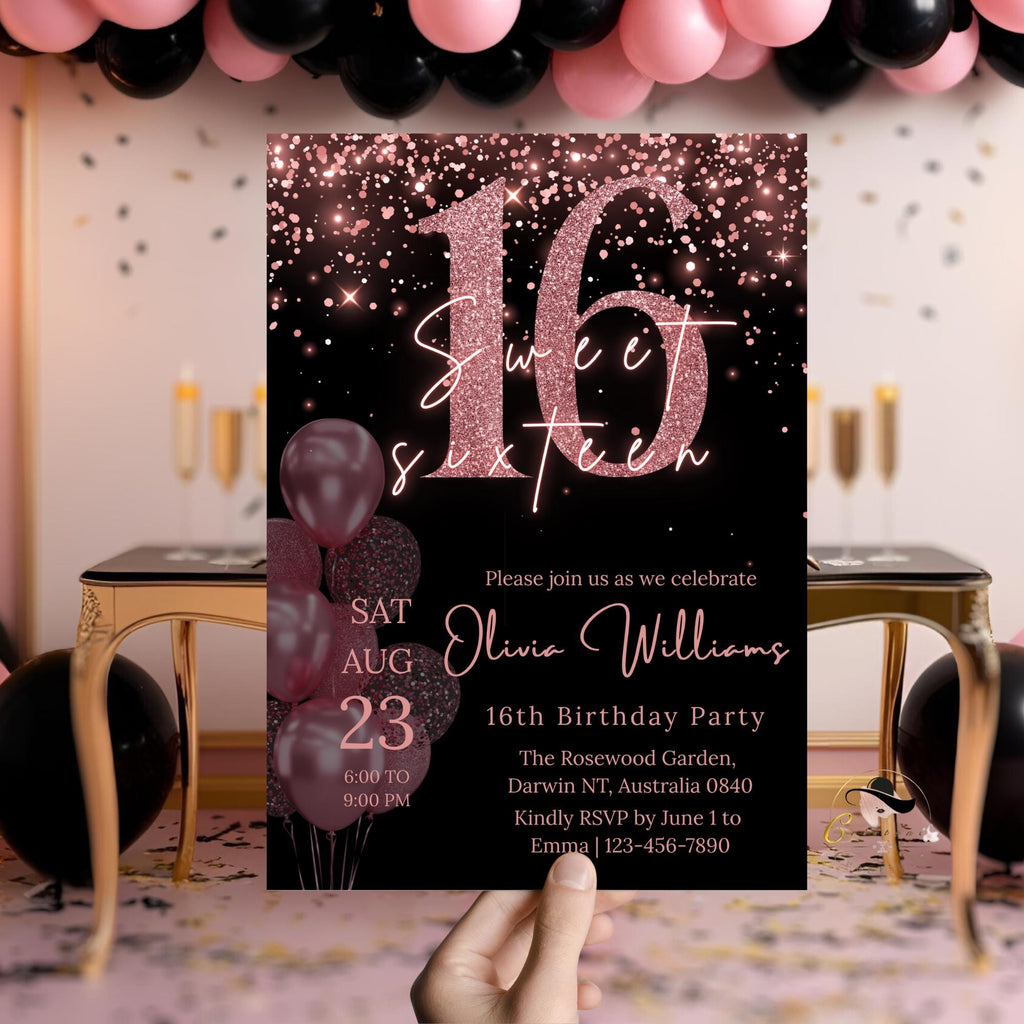 Sweet 16 Invitation Digital Template for girl, 16th Birthday Party Invite, Pink Black Sweet 16 Printable Card for sixteen year old daughter
