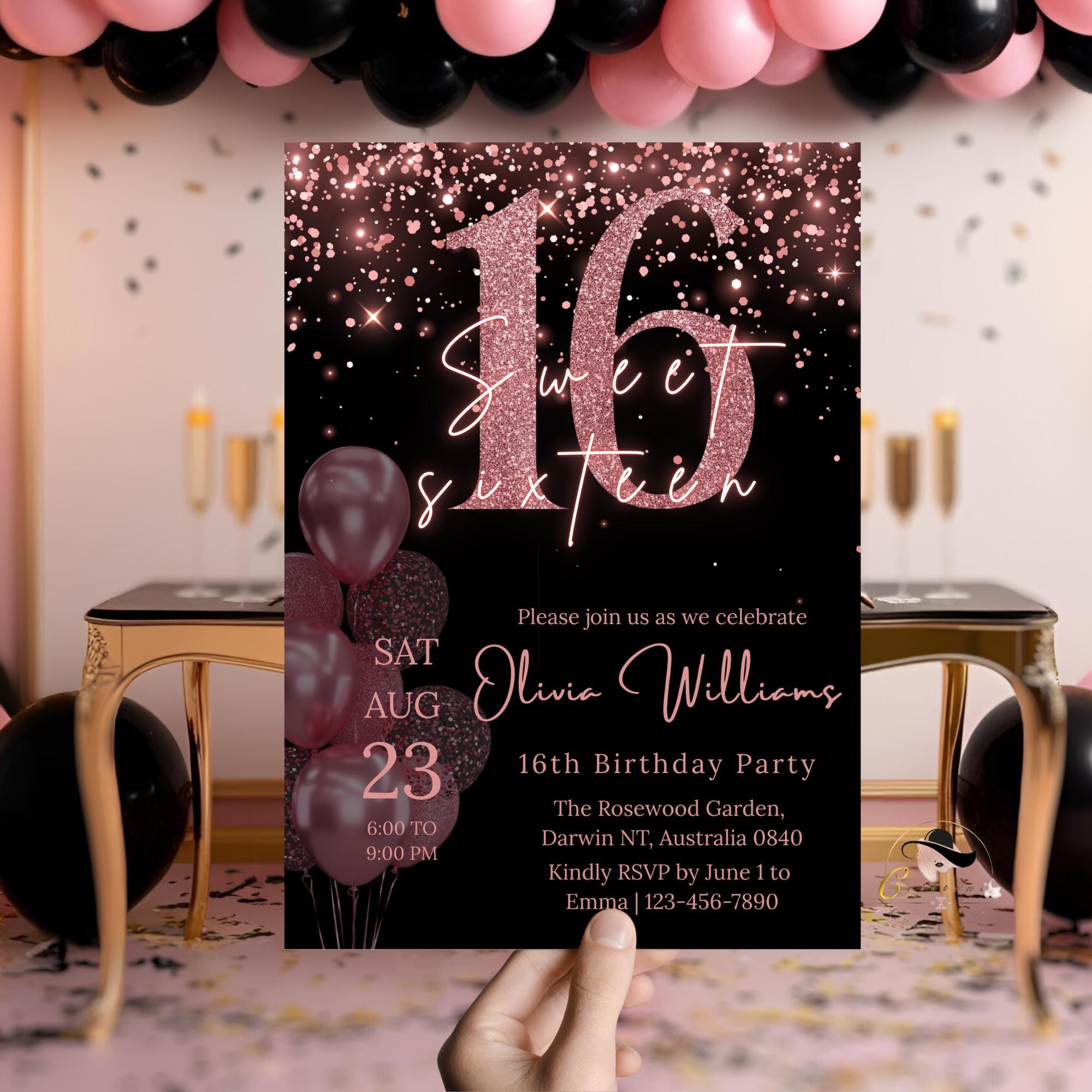 Sweet 16 Invitation Digital Template for girl, 16th Birthday Party Invite, Pink Black Sweet 16 Printable Card for sixteen year old daughter