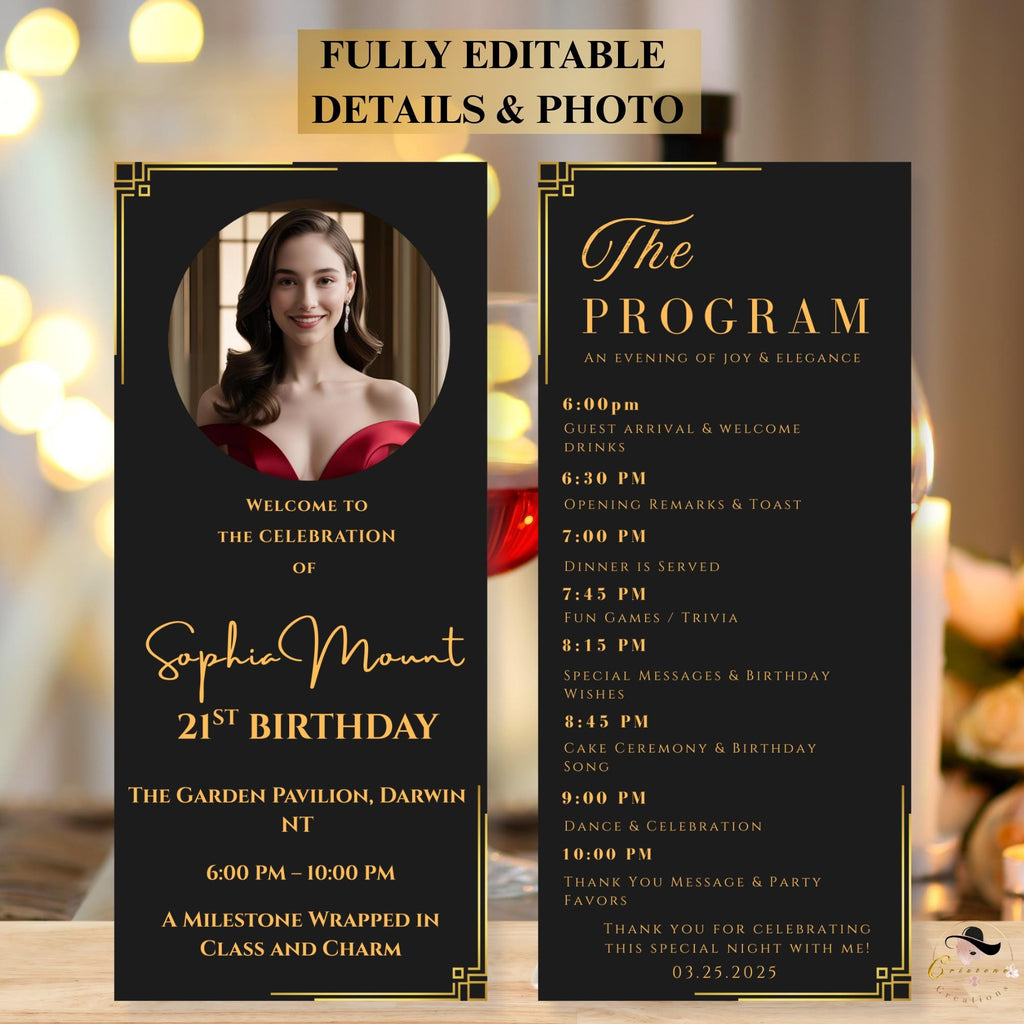 Birthday Party Program Template, Black Gold Event Program Schedule, Printable Lunch programme card, Digital Dinner Program, Instant Download