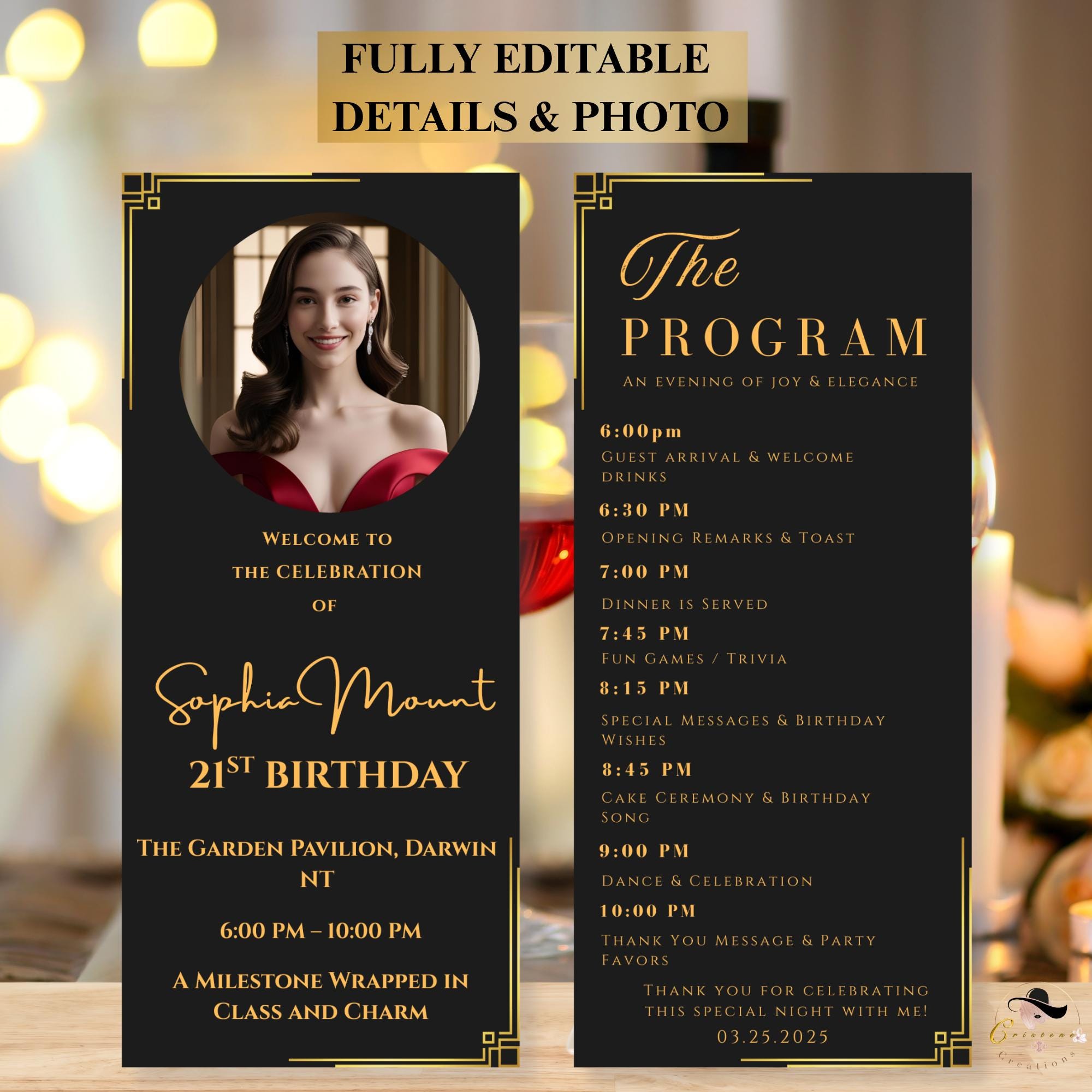 Birthday Party Program Template, Black Gold Event Program Schedule, Printable Lunch programme card, Digital Dinner Program, Instant Download