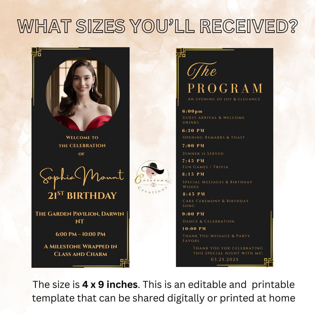 Birthday Party Program Template, Black Gold Event Program Schedule, Printable Lunch programme card, Digital Dinner Program, Instant Download