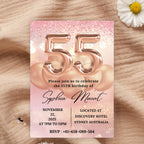 Digital 55th Birthday Invitation for women, Pink Rose Gold 55th Birthday Dinner Party Invite, Printable card, Cheers to 55 years old wife