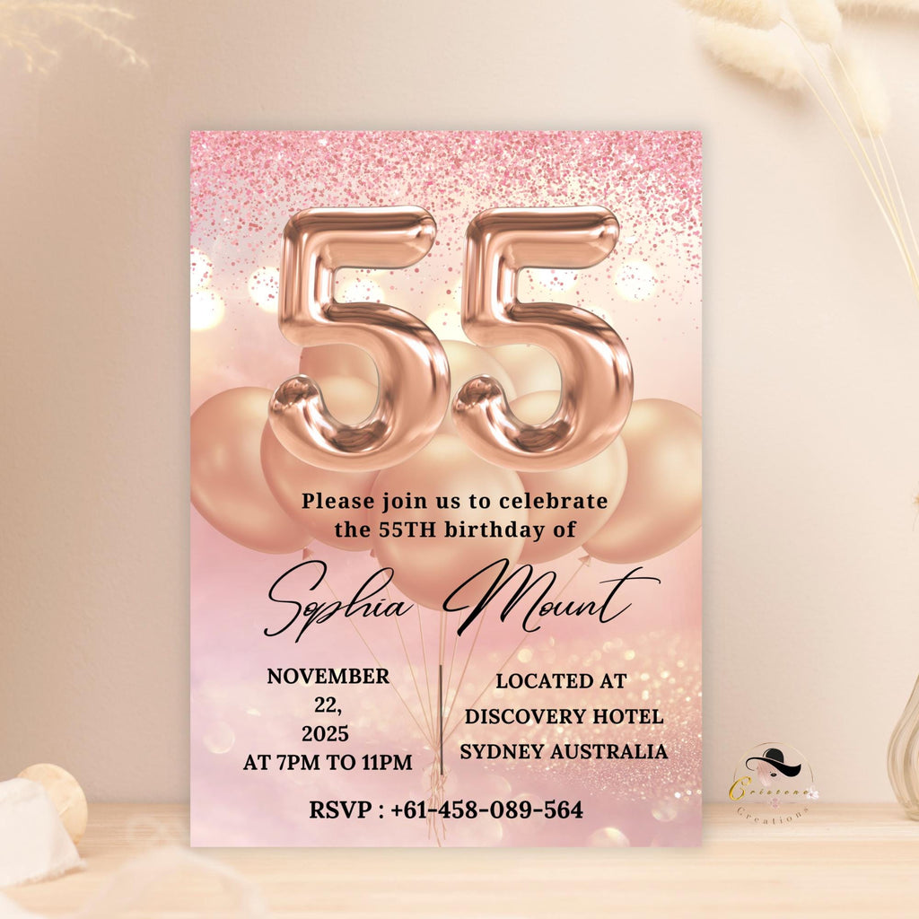 Digital 55th Birthday Invitation for women, Pink Rose Gold 55th Birthday Dinner Party Invite, Printable card, Cheers to 55 years old wife
