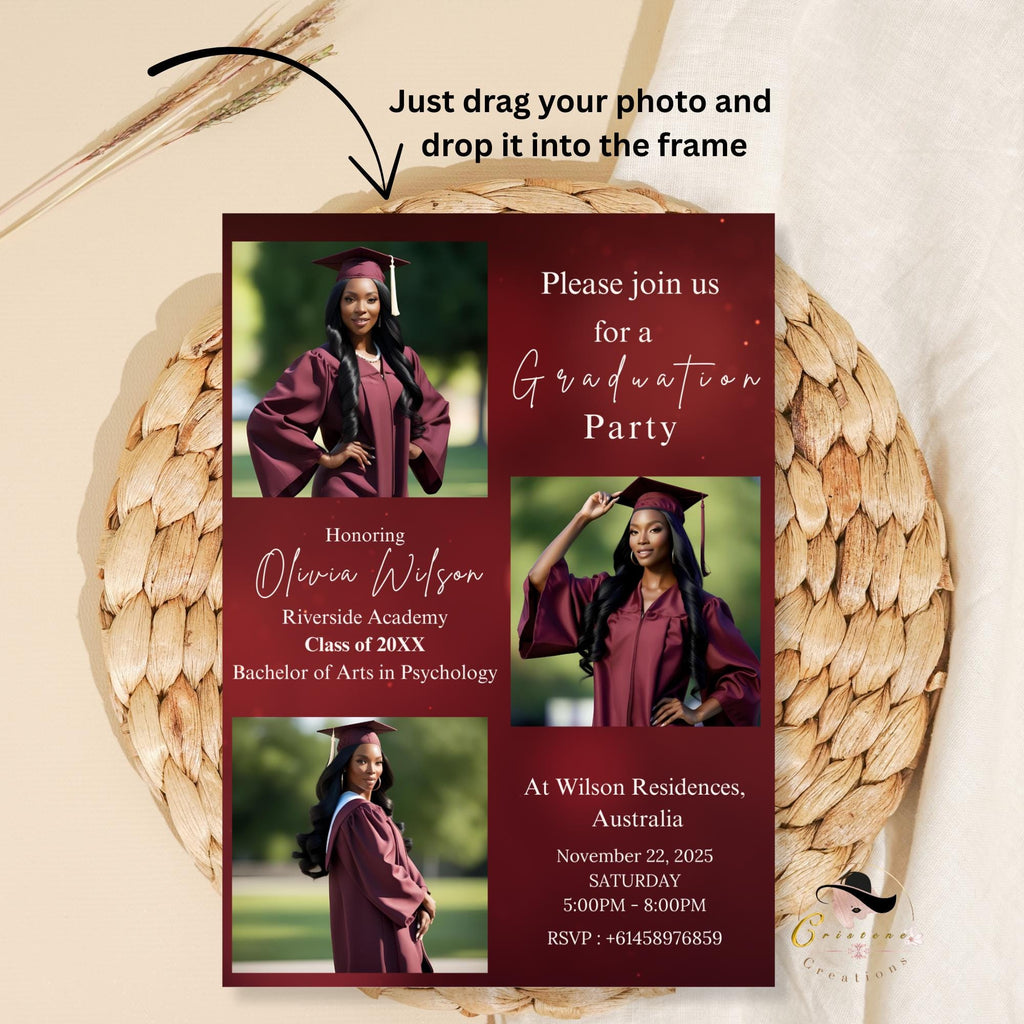 Digital College Graduation Announcement Invitation, Maroon Senior Grad Party Invite 2026, Female High School Graduation Editable Template