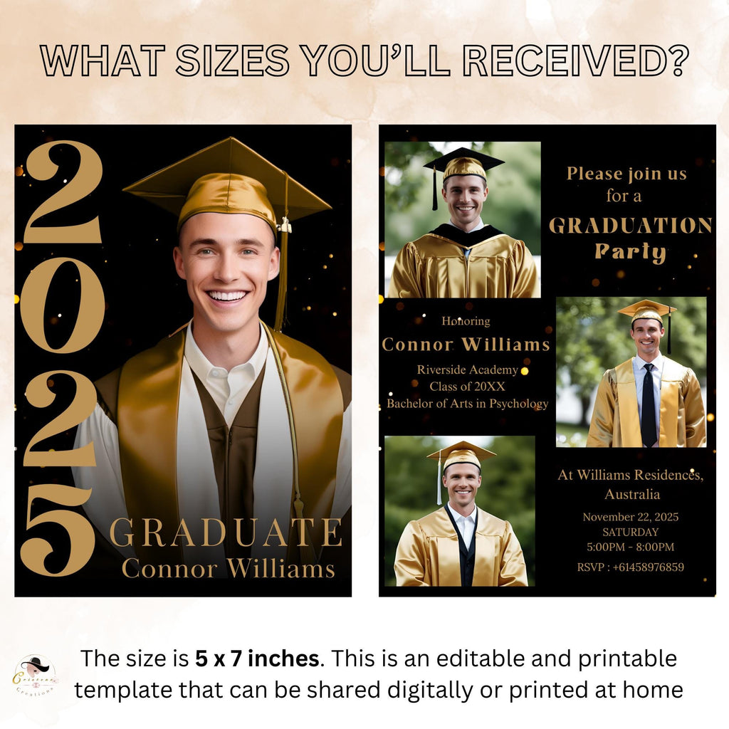 Digital Graduation Announcement Invitation Black Gold 2026 Senior Graduate Party with photo invite, Editable Men College Graduation Template