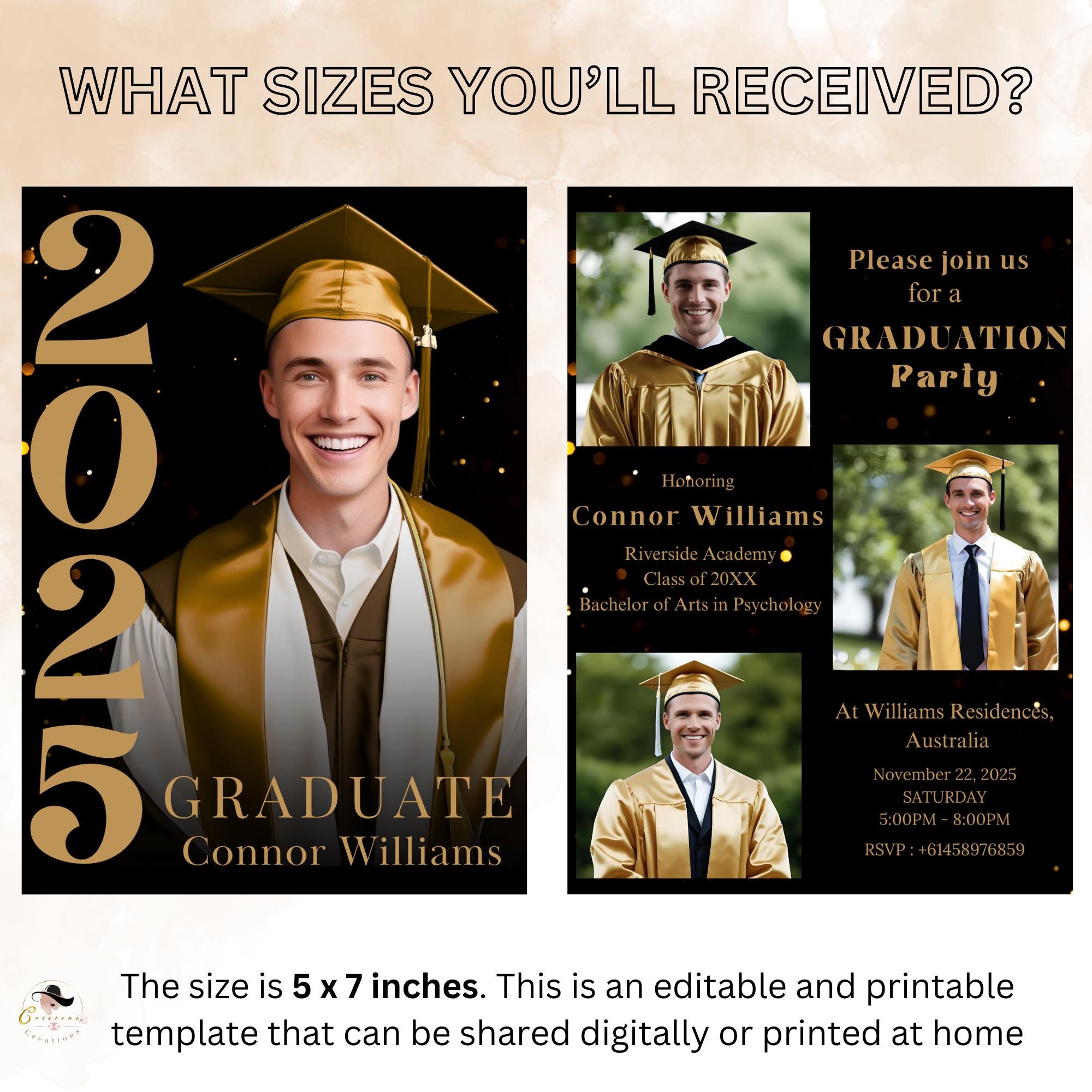 Digital Graduation Announcement Invitation Black Gold 2026 Senior Graduate Party with photo invite, Editable Men College Graduation Template