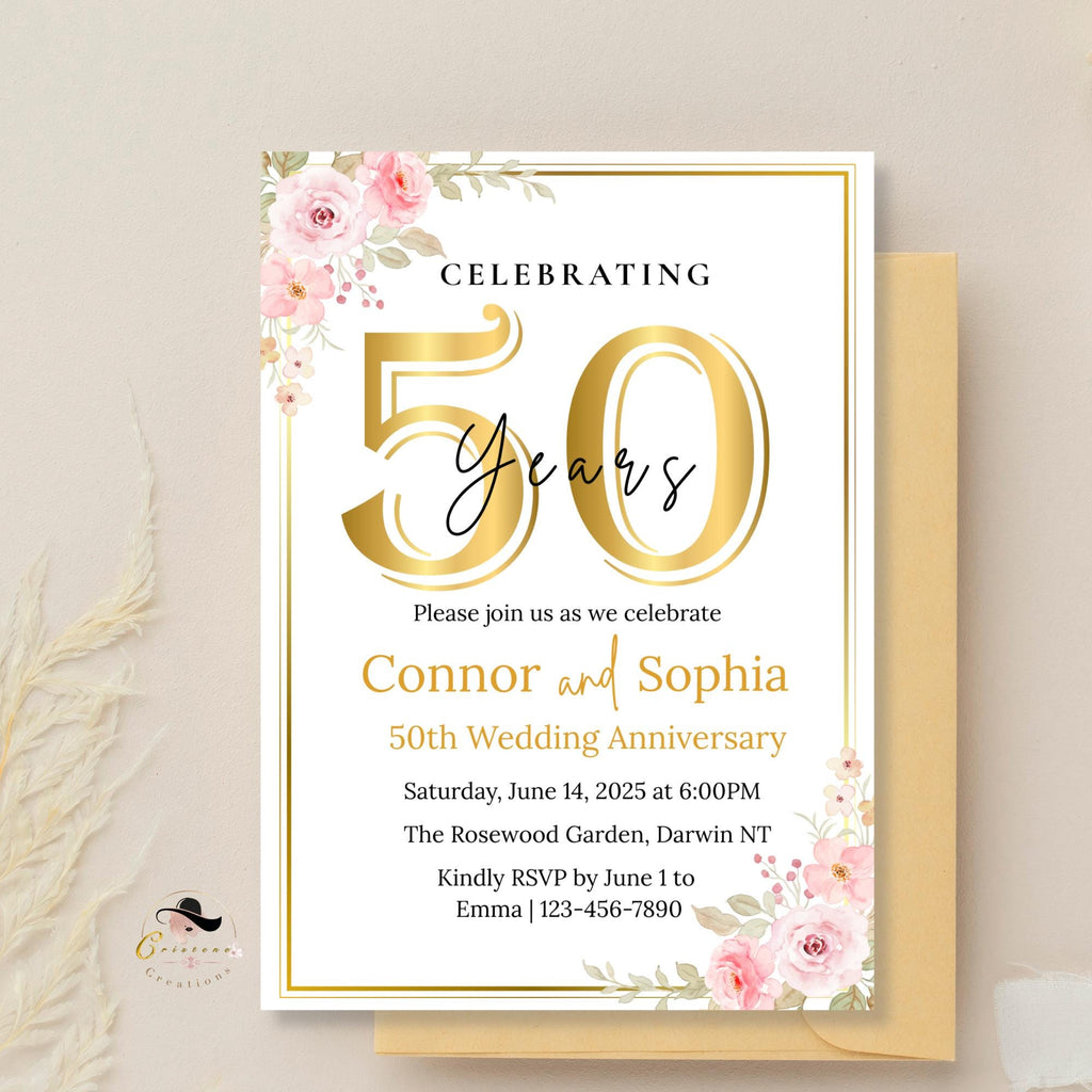 Golden 50th Wedding Anniversary Invitation Card Couple, Floral Anniversary Dinner Party Digital Invite, Printable 50 years of love template