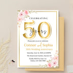 Golden 50th Wedding Anniversary Invitation Card Couple, Floral Anniversary Dinner Party Digital Invite, Printable 50 years of love template