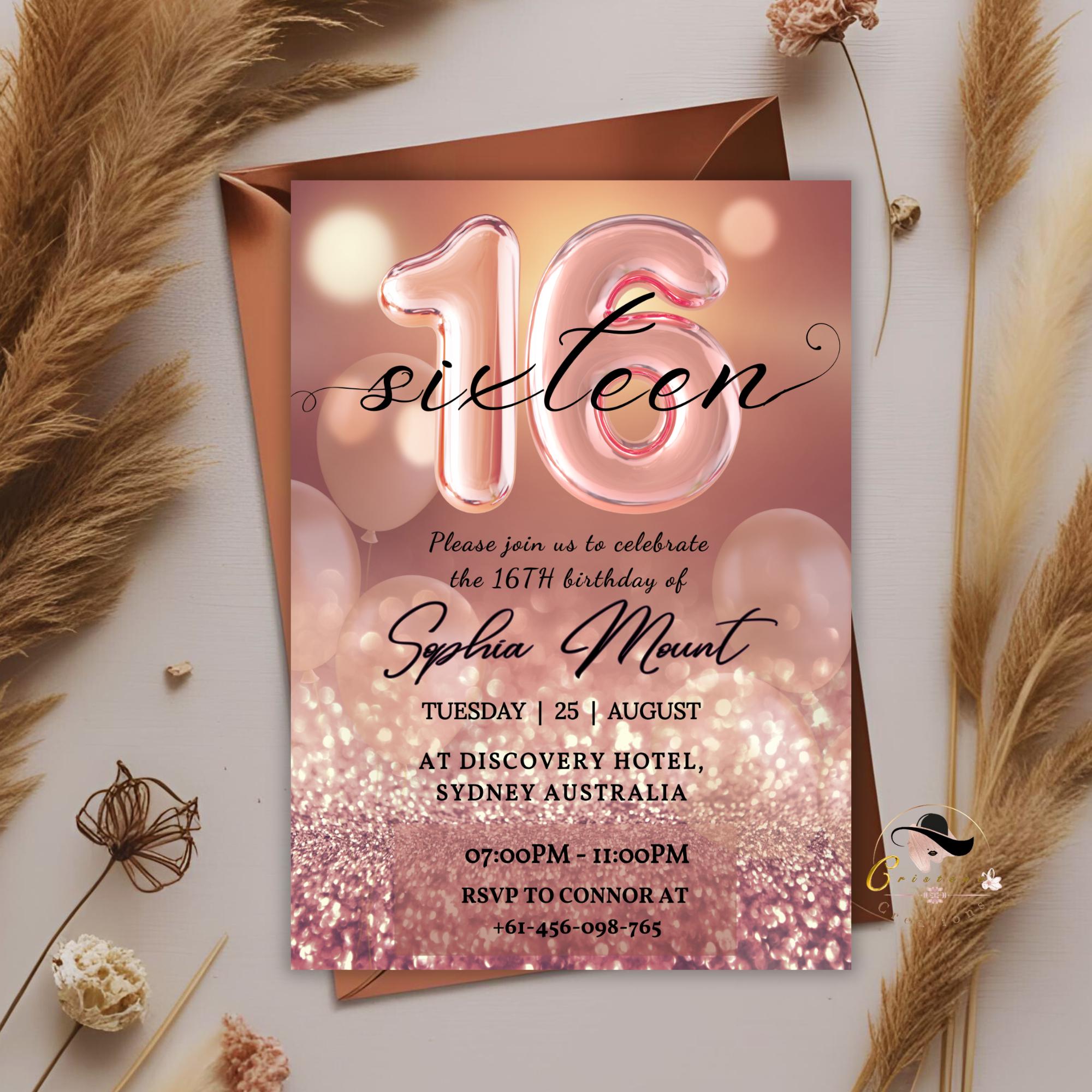 Rose gold 16th Birthday Invitation, Digital Sweet 16 birthday party invitation template for sixteen year old girl Pink Printable card Invite