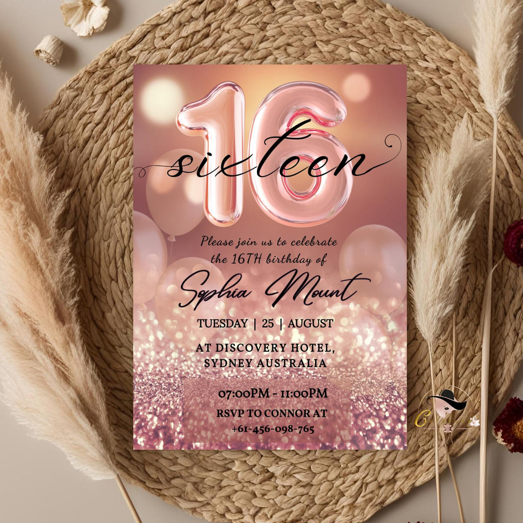 Rose gold 16th Birthday Invitation, Digital Sweet 16 birthday party invitation template for sixteen year old girl Pink Printable card Invite