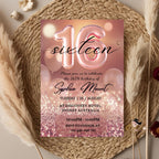 Rose gold 16th Birthday Invitation, Digital Sweet 16 birthday party invitation template for sixteen year old girl Pink Printable card Invite
