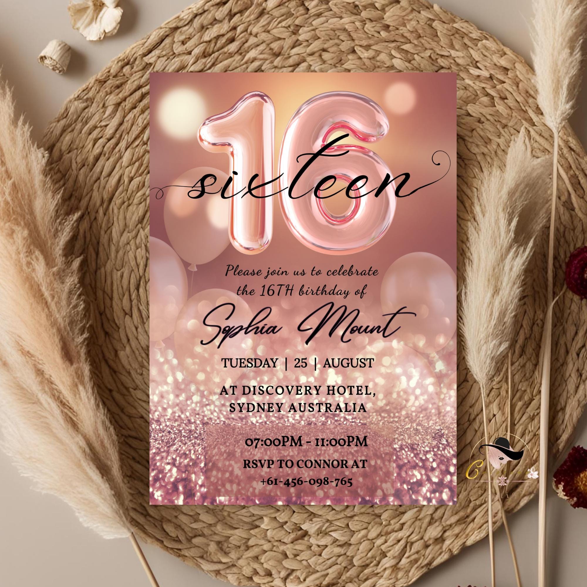 Rose gold 16th Birthday Invitation, Digital Sweet 16 birthday party invitation template for sixteen year old girl Pink Printable card Invite