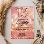 Rose Gold 13th Birthday Invitations for teen girl, Digital 13th Birthday Party Invite for Thirteen year old daughter, Pink Printable Card