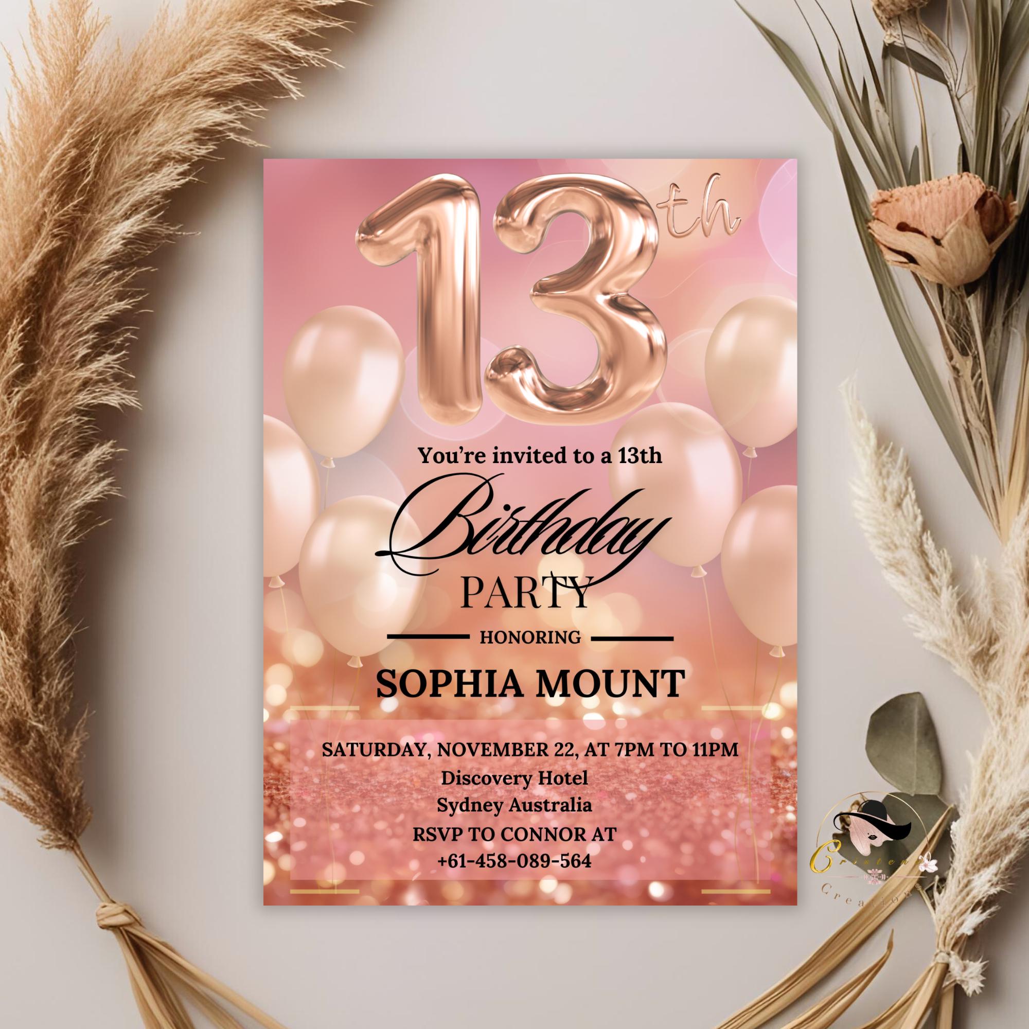 Rose Gold 13th Birthday Invitations for teen girl, Digital 13th Birthday Party Invite for Thirteen year old daughter, Pink Printable Card