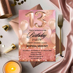 Rose Gold 13th Birthday Invitations for teen girl, Digital 13th Birthday Party Invite for Thirteen year old daughter, Pink Printable Card