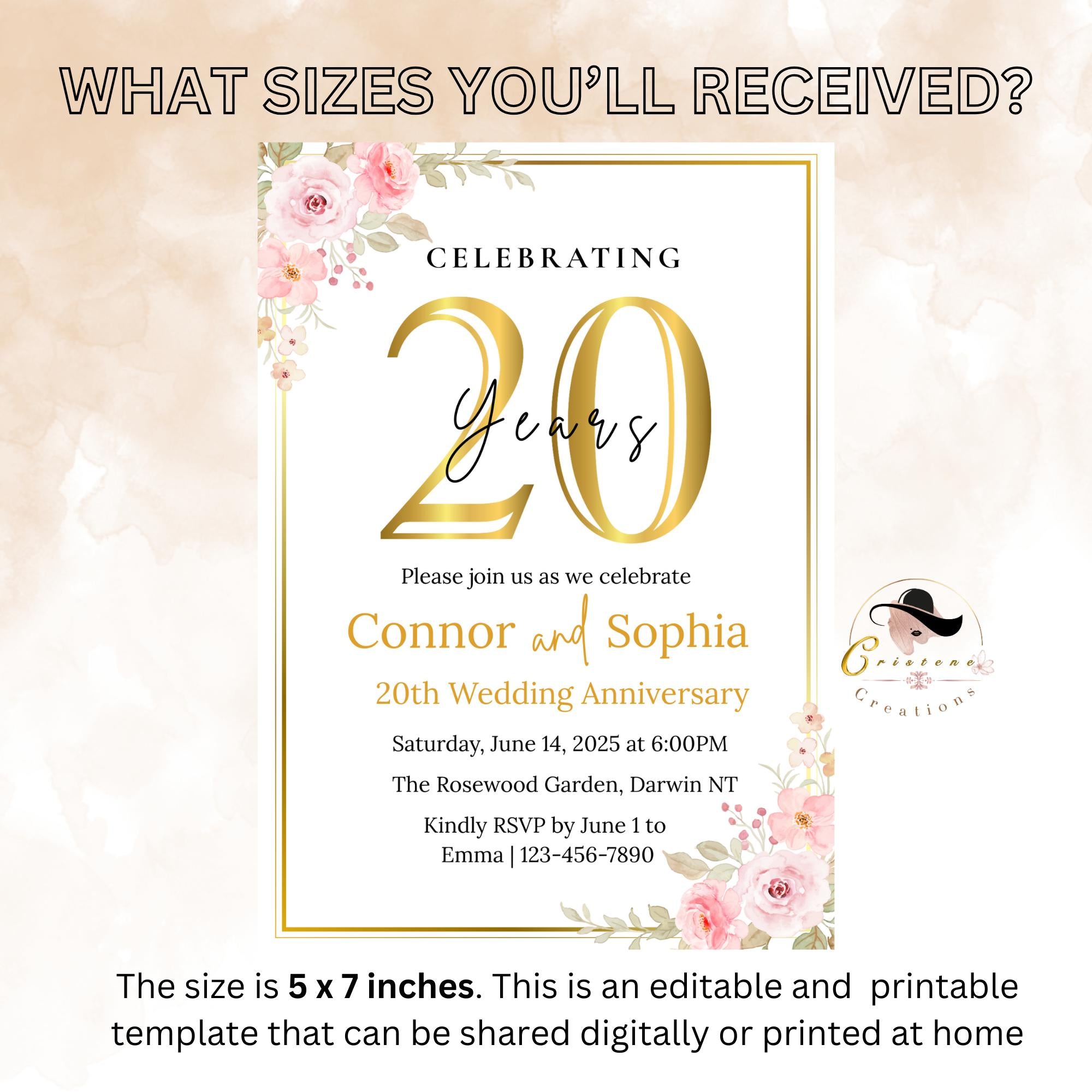 20th Anniversary Invitation, 20th Wedding Anniversary Party Invite, Digital Gold White Anniversary Card, Printable 20 years of us Template