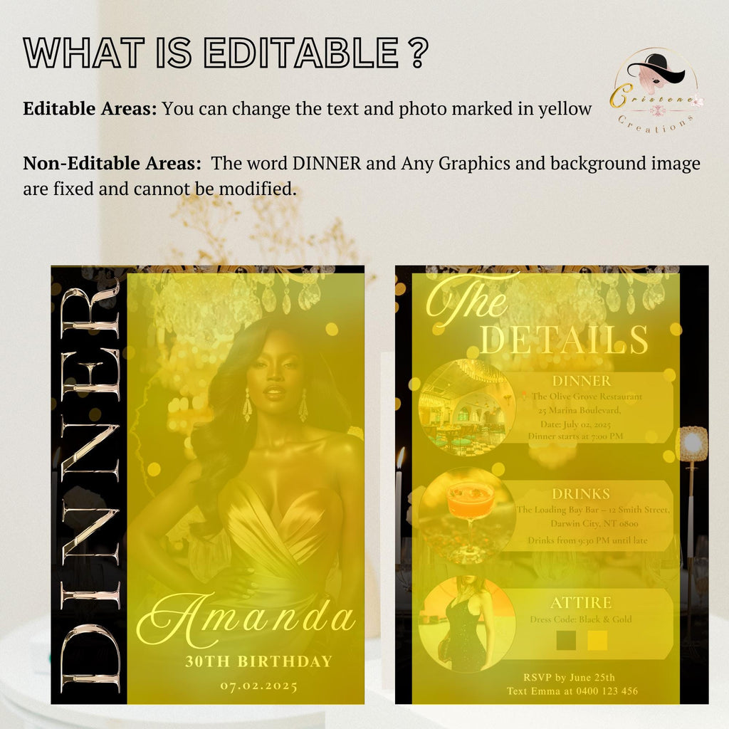 Digital Birthday Dinner Invitation for women, Black gold 30th Birthday Dinner Party Invite, Elegant Adult Birthday Dinner Printable cards