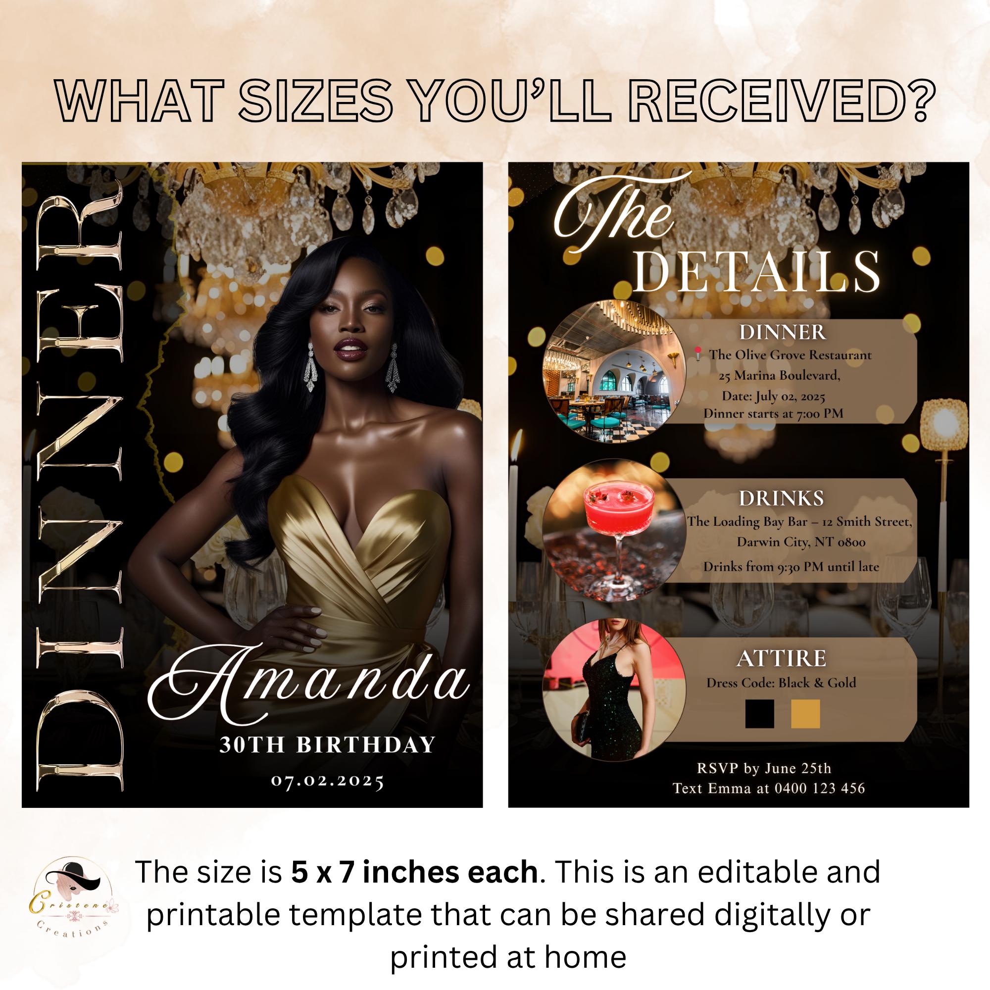 Digital Birthday Dinner Invitation for women, Black gold 30th Birthday Dinner Party Invite, Elegant Adult Birthday Dinner Printable cards