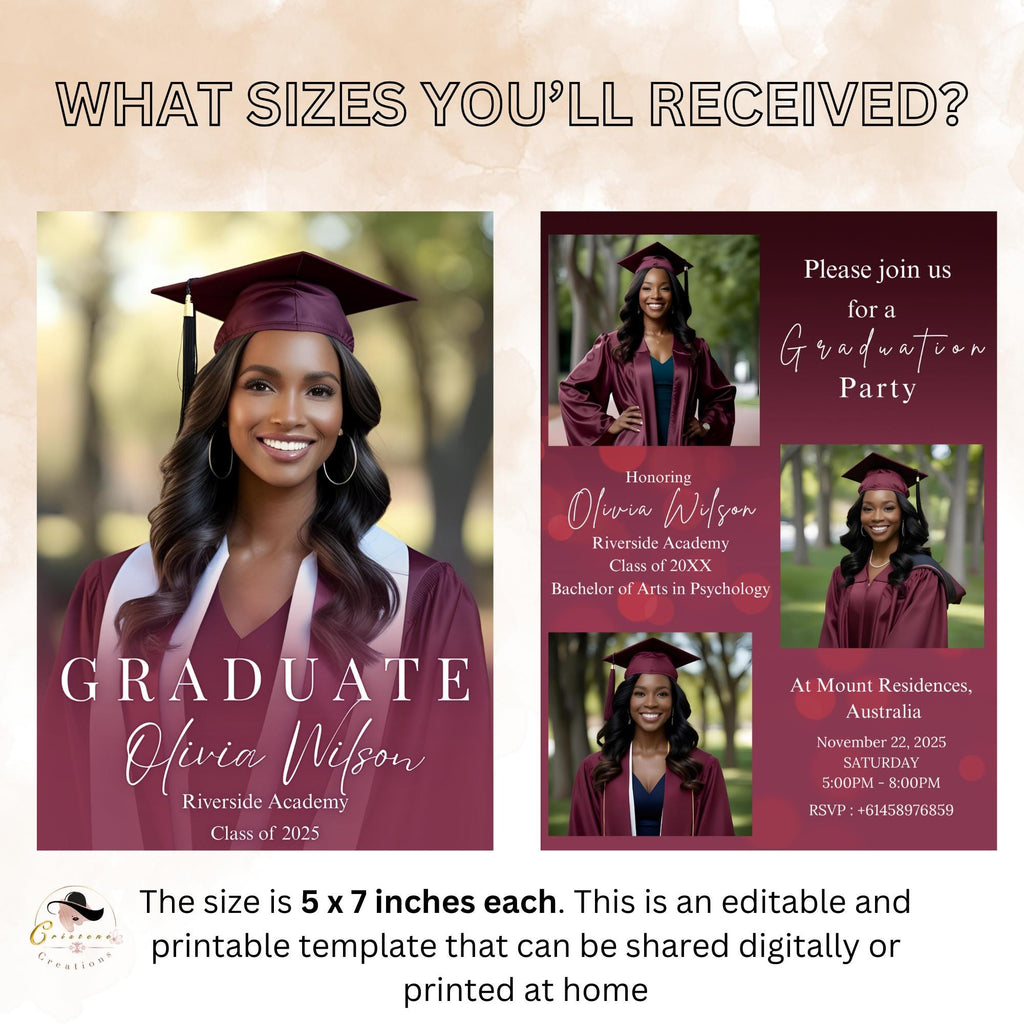 Maroon Graduation Announcement 2026 Invitation, Female Senior Grad Party Invite with photo, Burgundy College Graduation Day Digital Template