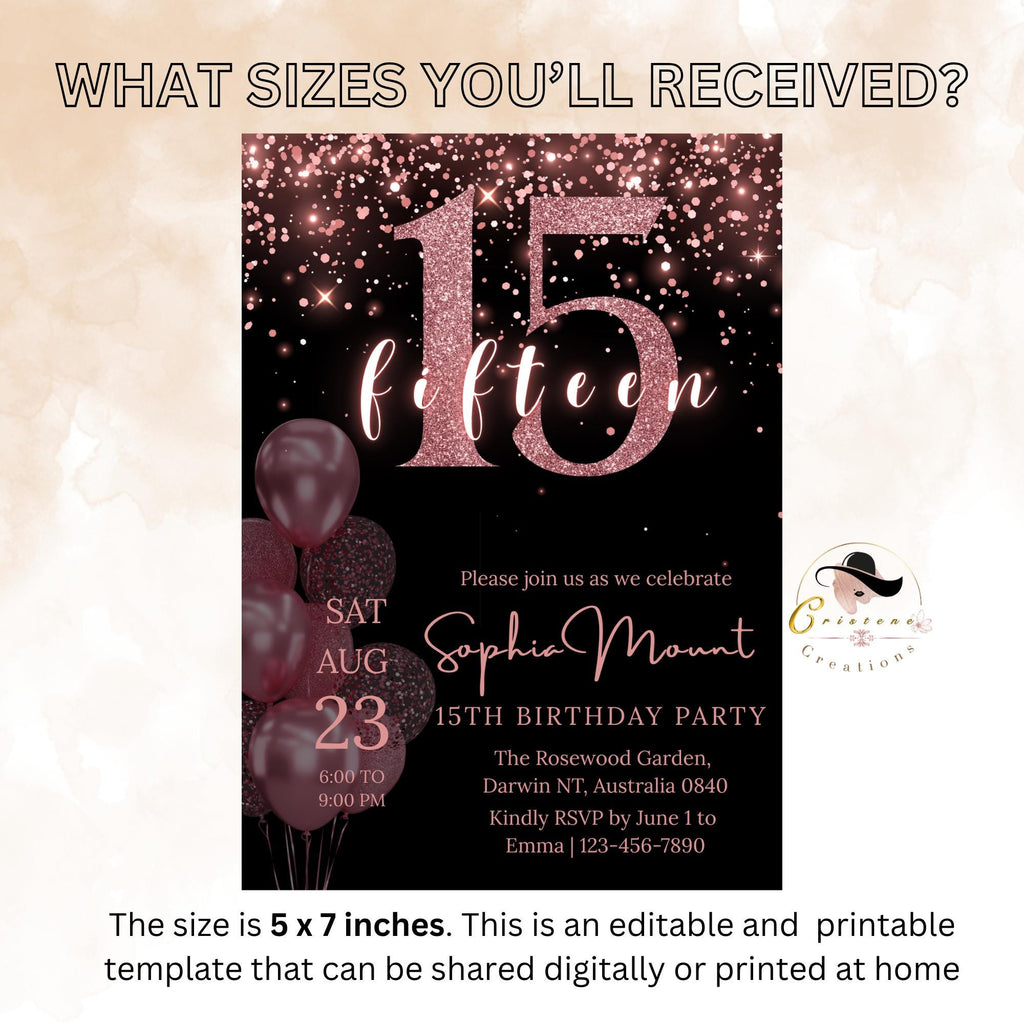 15th Birthday Invitation girl, Digital 15th Birthday Party Invite, Editable Sweet 15 Pink Black Template, Printable Card for 15 year old
