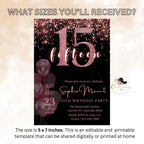15th Birthday Invitation girl, Digital 15th Birthday Party Invite, Editable Sweet 15 Pink Black Template, Printable Card for 15 year old