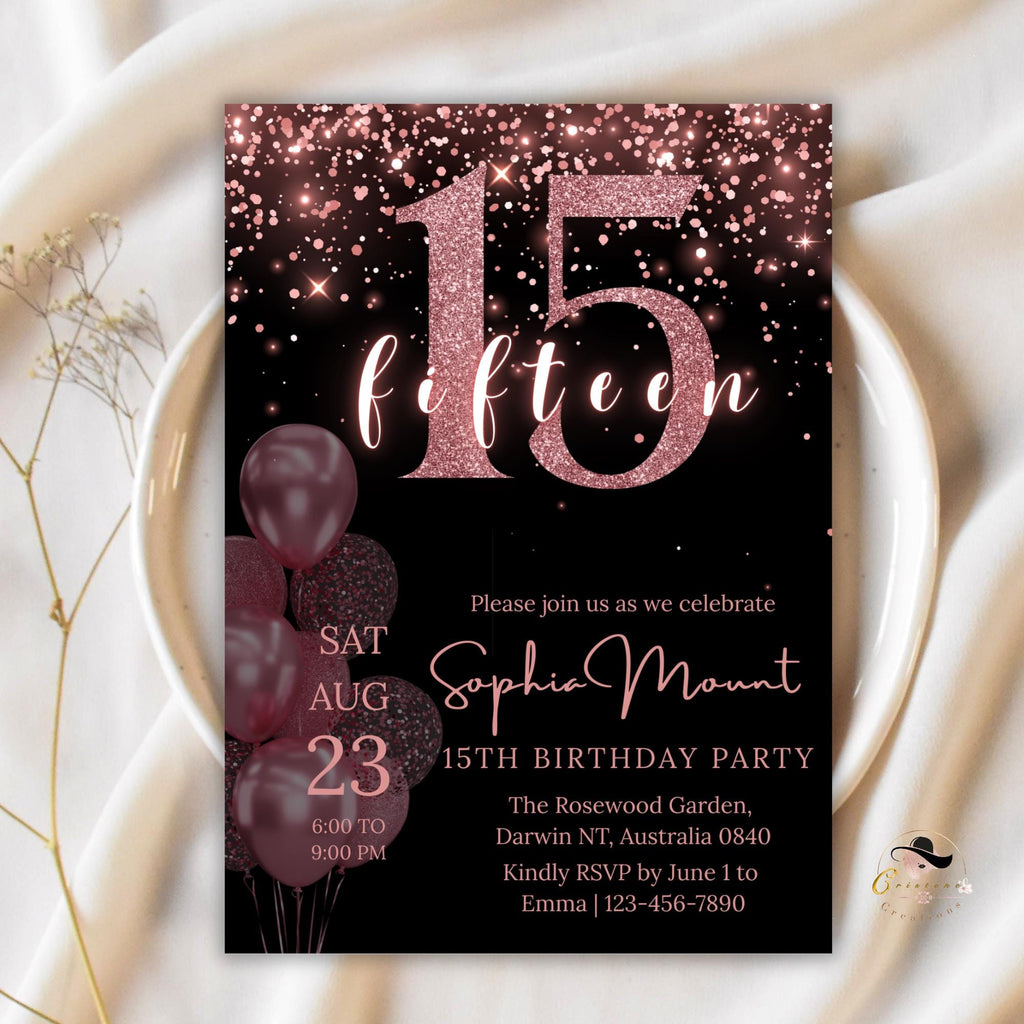 15th Birthday Invitation girl, Digital 15th Birthday Party Invite, Editable Sweet 15 Pink Black Template, Printable Card for 15 year old
