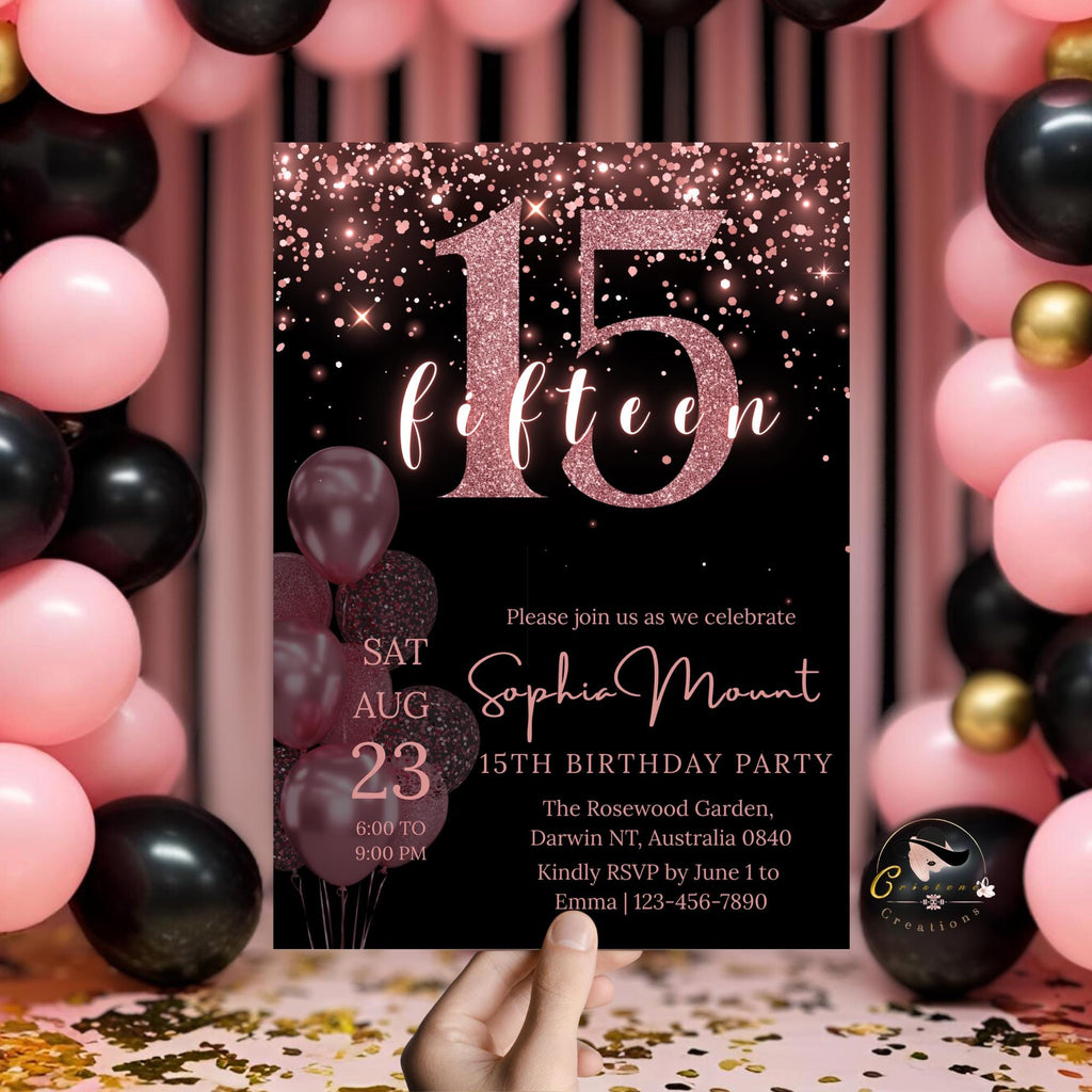 15th Birthday Invitation girl, Digital 15th Birthday Party Invite, Editable Sweet 15 Pink Black Template, Printable Card for 15 year old