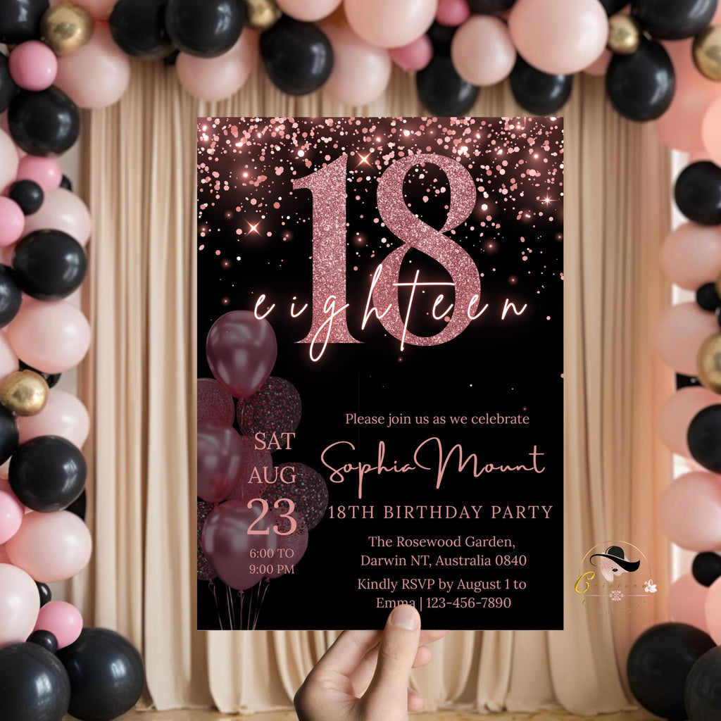 18th Birthday Invitations Digital, Pink 18th Debut Birthday Party, Black Printable Card for 18 years old girl, Eighteenth Birthday Invite