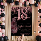 18th Birthday Invitations Digital, Pink 18th Debut Birthday Party, Black Printable Card for 18 years old girl, Eighteenth Birthday Invite