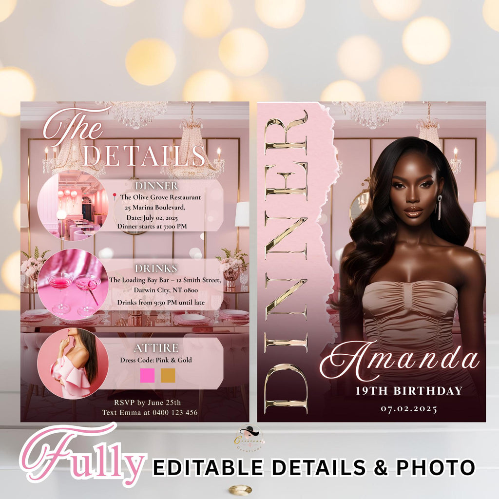Pink Birthday Dinner Invitation, Digital 19th Birthday Dinner Invite for women, Elegant Adult Dinner Party reservation, Printable template