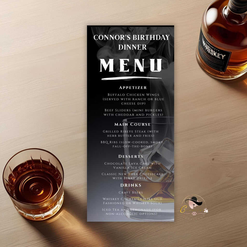 Birthday Menu Template for Men, Dinner Menu Party with photo, Printable Menu Card for male, Bachelor Party Food Menu Event, Boy Whiskey Menu