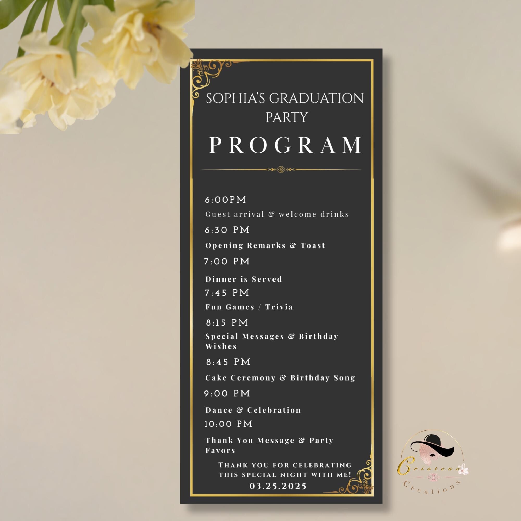 Graduation Menu and Program Template, Black Gold Menu Cards, Birthday Event Program, Dinner Party Menu, Digital Printable Bifold Food Menu