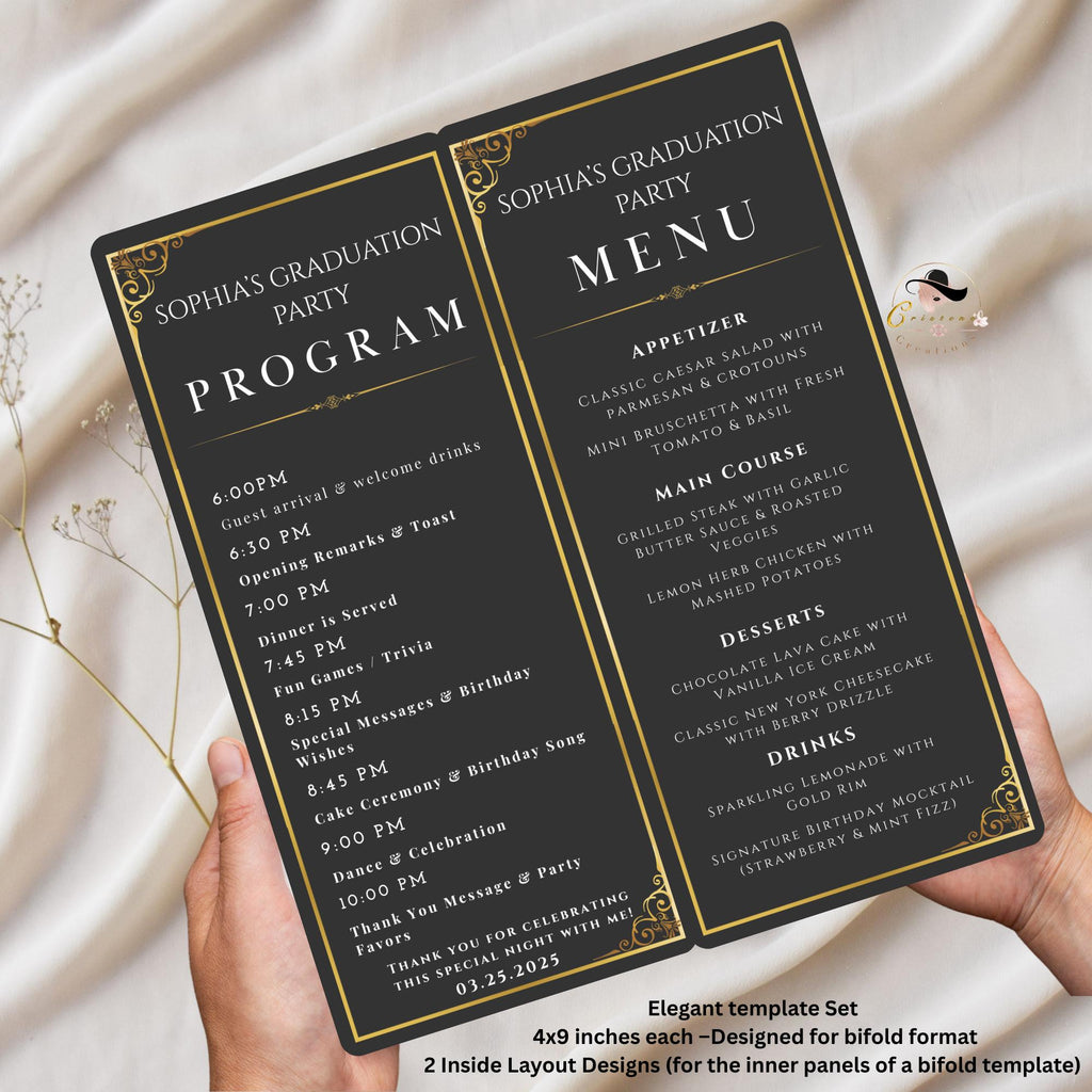 Graduation Menu and Program Template, Black Gold Menu Cards, Birthday Event Program, Dinner Party Menu, Digital Printable Bifold Food Menu