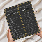 Graduation Menu and Program Template, Black Gold Menu Cards, Birthday Event Program, Dinner Party Menu, Digital Printable Bifold Food Menu