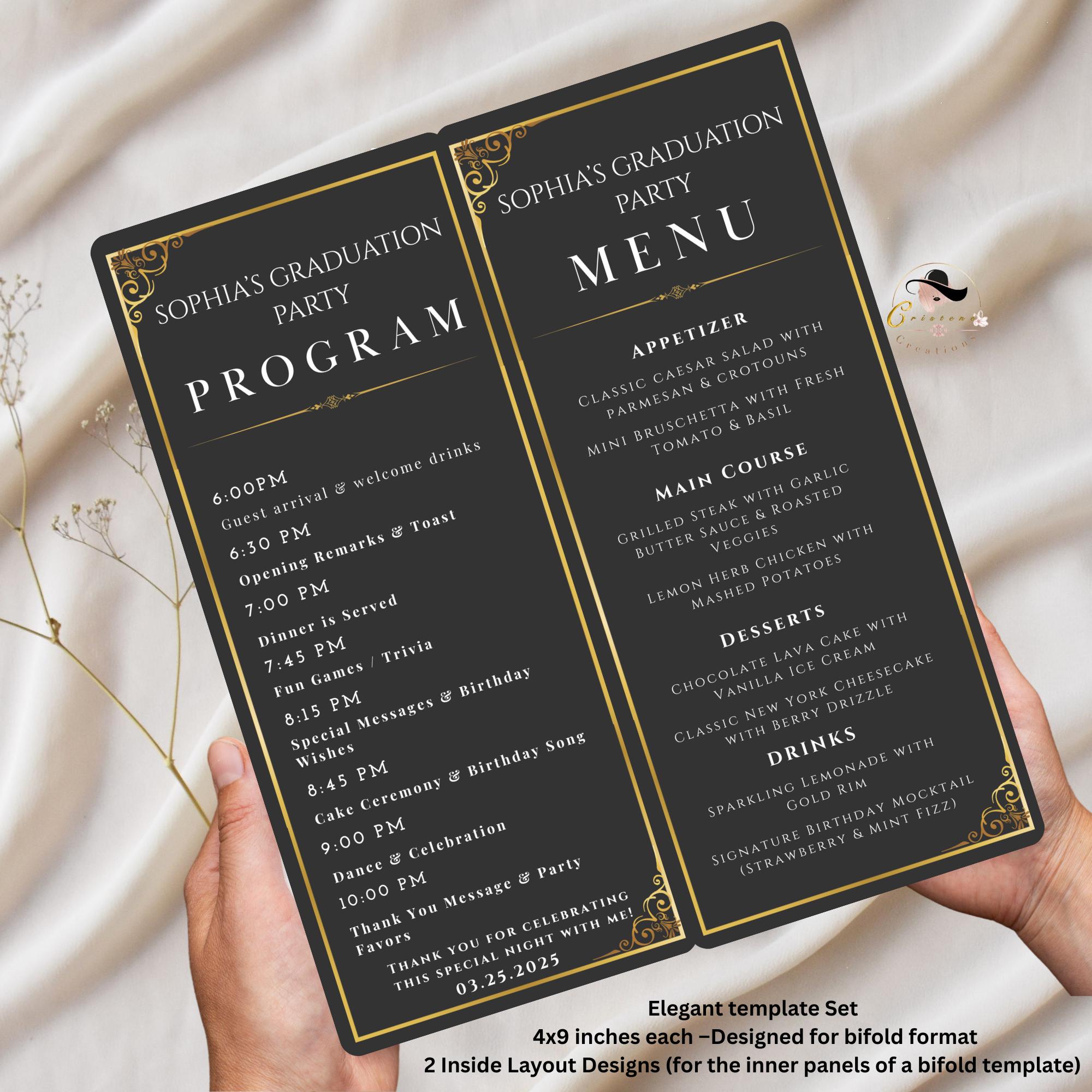 Graduation Menu and Program Template, Black Gold Menu Cards, Birthday Event Program, Dinner Party Menu, Digital Printable Bifold Food Menu