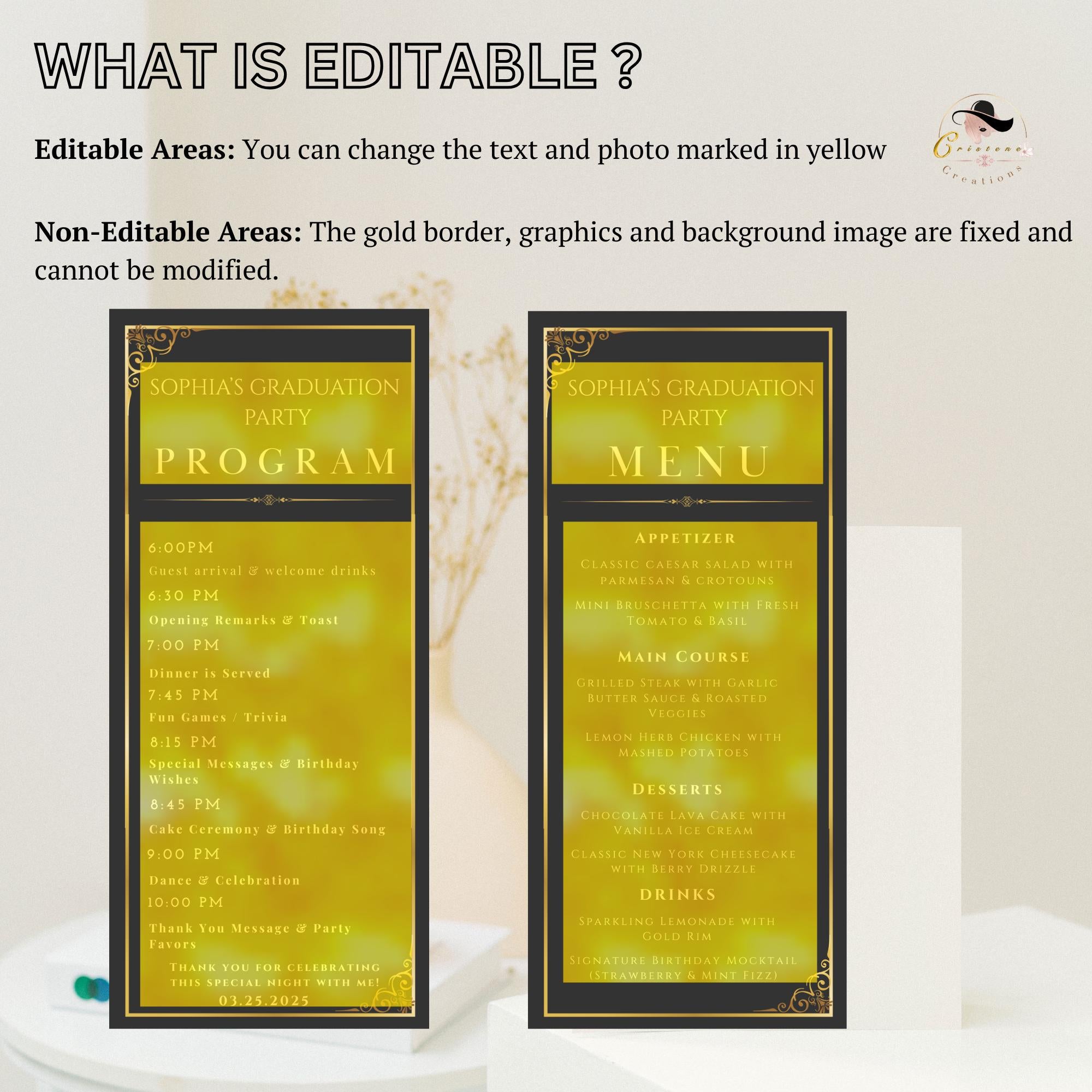 Graduation Menu and Program Template, Black Gold Menu Cards, Birthday Event Program, Dinner Party Menu, Digital Printable Bifold Food Menu