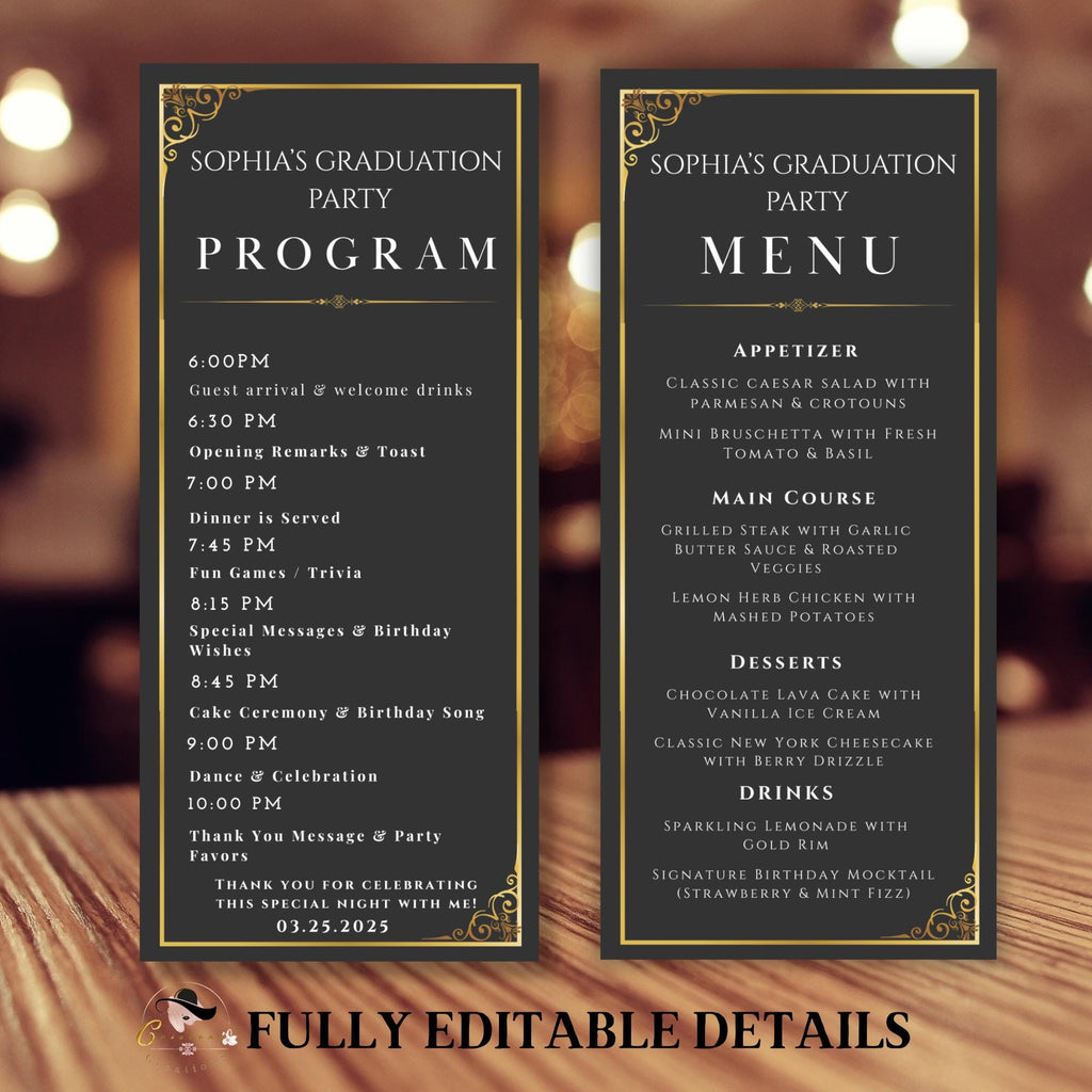 Graduation Menu and Program Template, Black Gold Menu Cards, Birthday Event Program, Dinner Party Menu, Digital Printable Bifold Food Menu