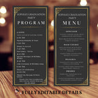Graduation Menu and Program Template, Black Gold Menu Cards, Birthday Event Program, Dinner Party Menu, Digital Printable Bifold Food Menu