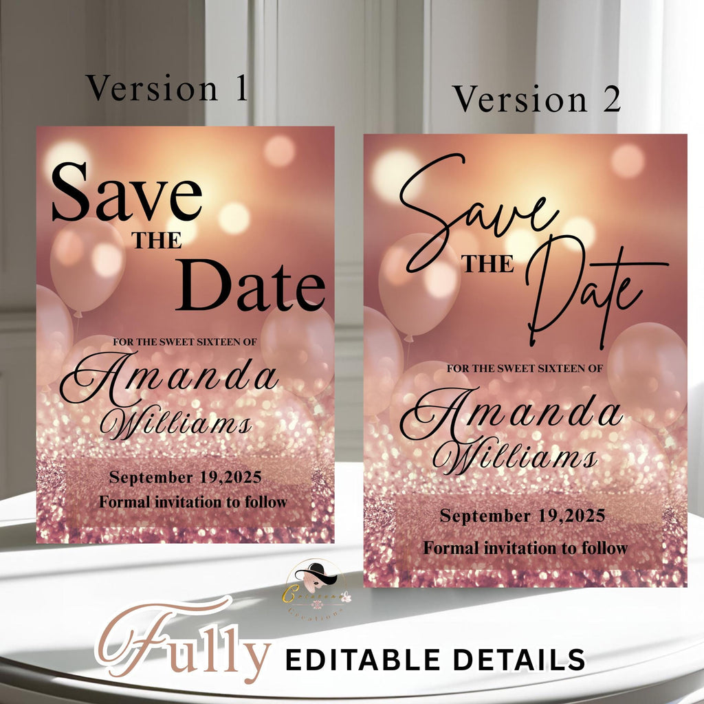Digital Save the date Birthday Party Invitation Rose Gold Pink Save the date cards, Elegant sweet 16 save the date Invite Printable template