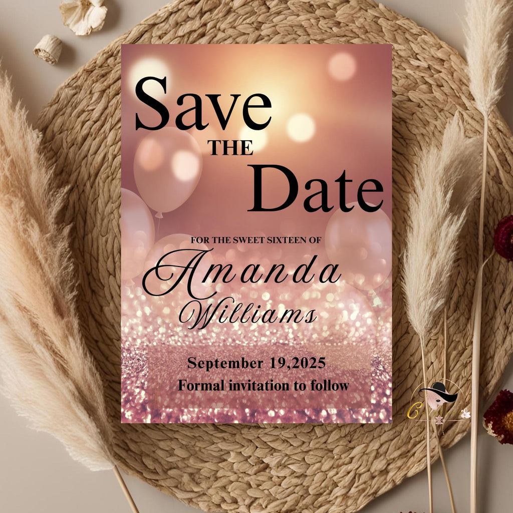 Digital Save the date Birthday Party Invitation Rose Gold Pink Save the date cards, Elegant sweet 16 save the date Invite Printable template
