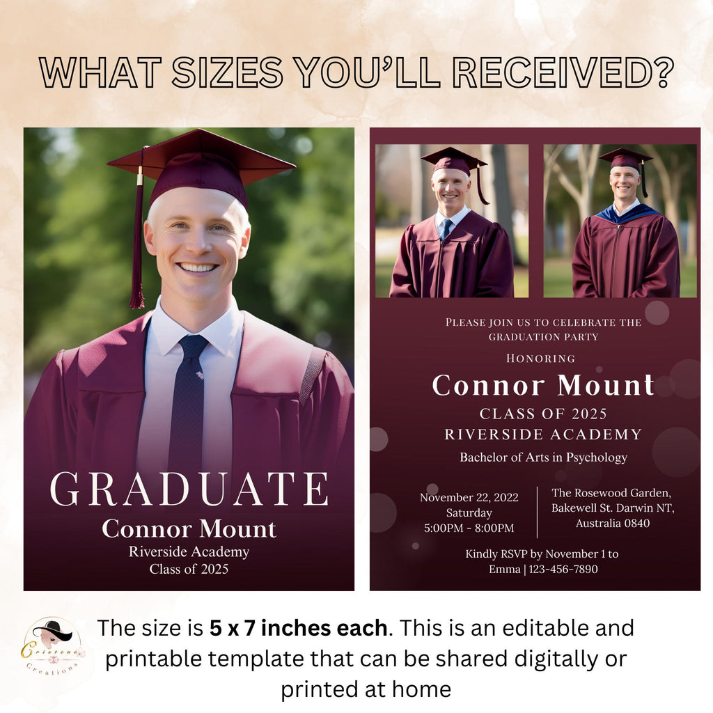 Digital Men Graduation Announcement 2026 Invitation, Maroon Senior Grad Party Invite with photo, Burgundy High School Graduation Template