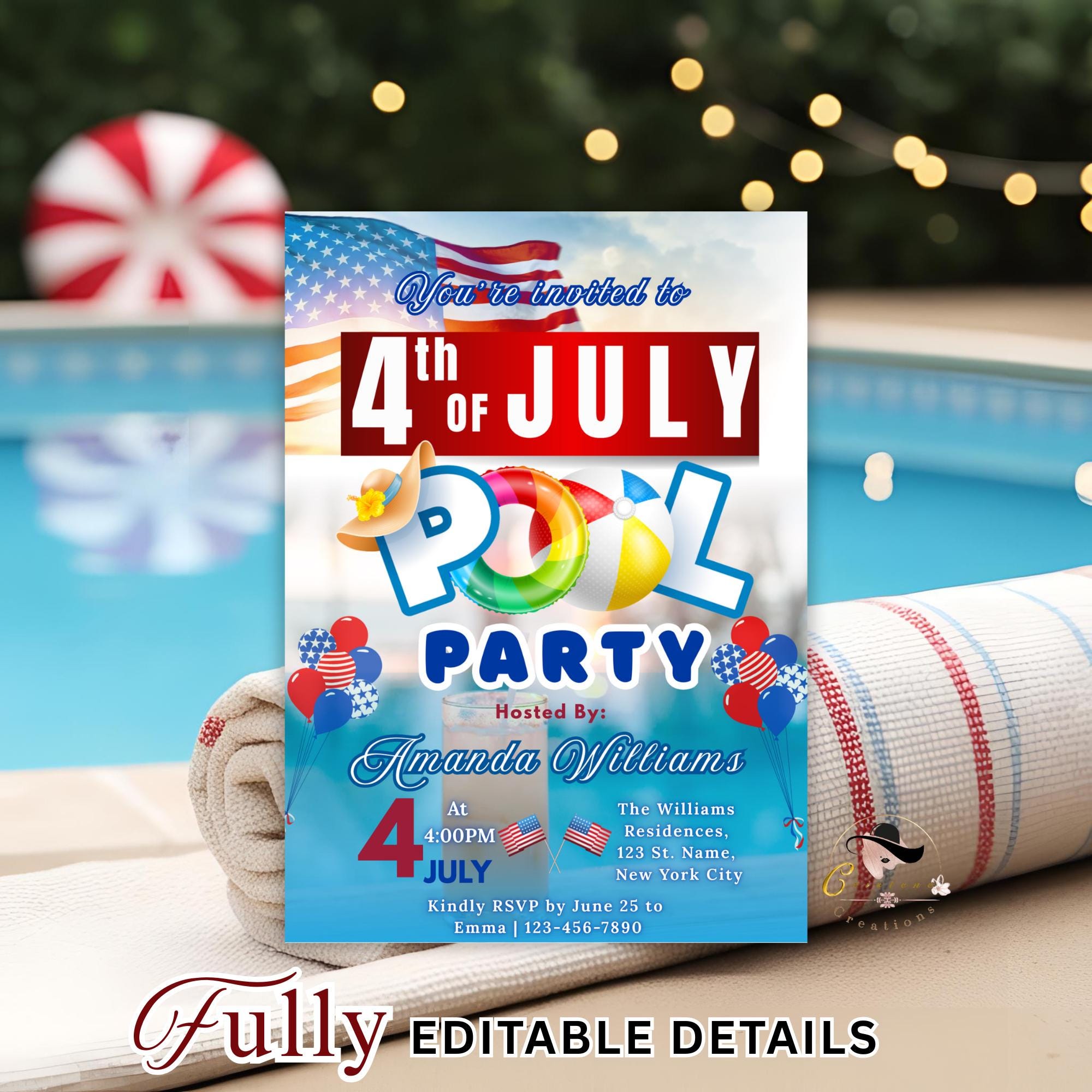 4th of July Pool Party invitation, Patriotic USA Independence day Fourth of July Summer Party Invite, July 4th BBQ Pool party flyer template