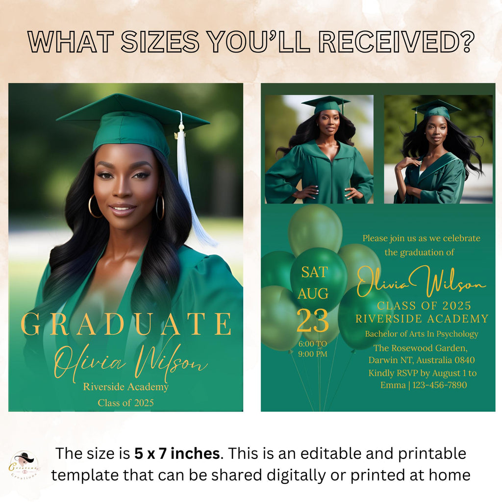 Editable Graduation Announcement Invitation Green Gold Woman Senior Grad Party Invite, 2026 College Graduation Day with photo Template