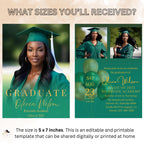 Editable Graduation Announcement Invitation Green Gold Woman Senior Grad Party Invite, 2026 College Graduation Day with photo Template