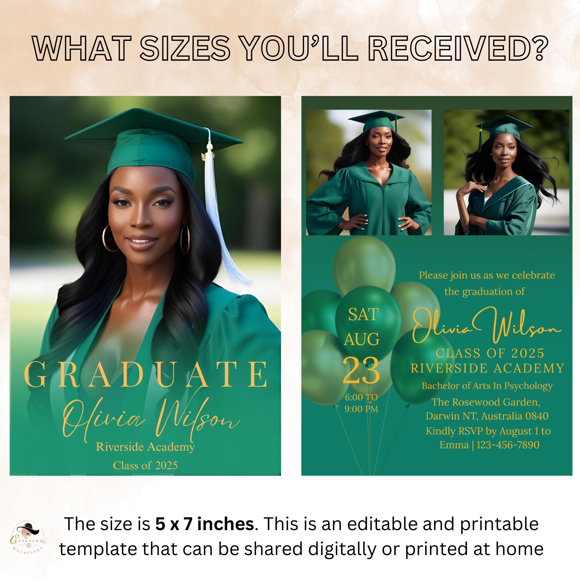 Editable Graduation Announcement Invitation Green Gold Woman Senior Grad Party Invite, 2026 College Graduation Day with photo Template