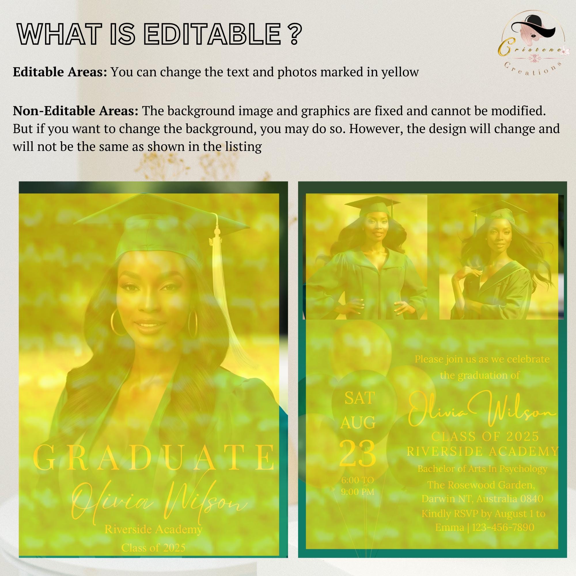 Editable Graduation Announcement Invitation Green Gold Woman Senior Grad Party Invite, 2026 College Graduation Day with photo Template